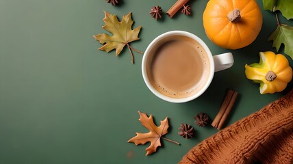 Crisp Fall morning aesthetic: From top view, brown knitted sweater, a hot coffee cup, raw pattypans, acorn, cinnamon sticks, maple leaves, dried orange slice on green backdrop, offering space for text