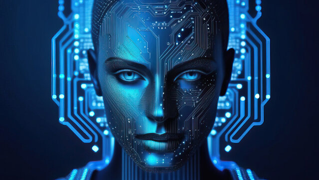 Businessman Face Outline with Microchip on Blue Background Representing Big Data and AI Concept