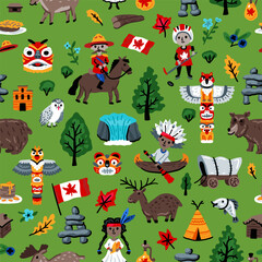Obraz premium Cartoon doodles Canada seamless pattern. Backdrop with local Canadian culture symbols and items. Colorful background for print on fabric, textile