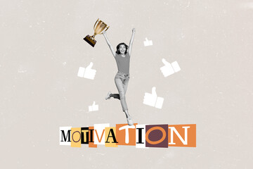 Composite photo collage of happy girl jump win golden goblet cup motivation reward stimulus thumb...