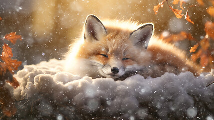 a cute fox cub sleeps in the wild against the background of winter, snow is falling, the incredible beauty of winter wildlife