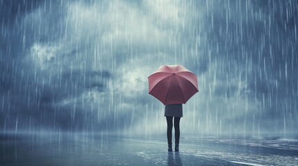 Woman holding red umbrella stands alone under heavy downpour image. Rainy solitude photography scene wallpaper. Stormy weather challenge. Resilience concept photorealistic photo