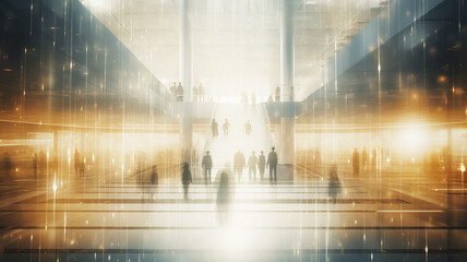 airport lobby golden glow, light white abstract background, silhouettes of people in blurry motion, abstract transport hub with stairs and light transitions