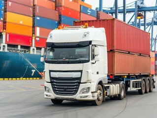 Naklejka premium Trucks Navigating Portside with Cargo Ships, Dynamic transportation scene showcasing integrated shipping logistics, ample space for text, detailed background depth.