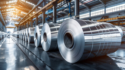 A large steel factory hall with heavy machinery and rolls of raw material like aluminum, stainless steel or iron. The scene is illuminated by natural light coming through the windo