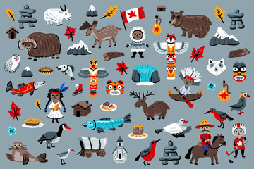 Canada vector travel symbols set. Collection of national canadian icons. Set of design elements in a hand-drawn style. Tourism. Children's doodle illustration for concept art 