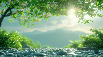 Fototapeta premium A serene mountain stream winding its way through a rocky landscape, surrounded by ancient twisted trees and lush vegetation. Snow-capped peaks tower in the background under a clear sky.