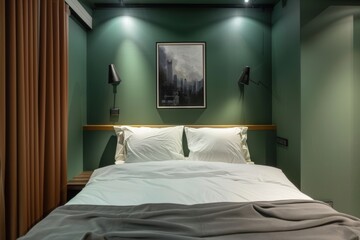 Interior of a hotel bedroom with a green wall and a bed