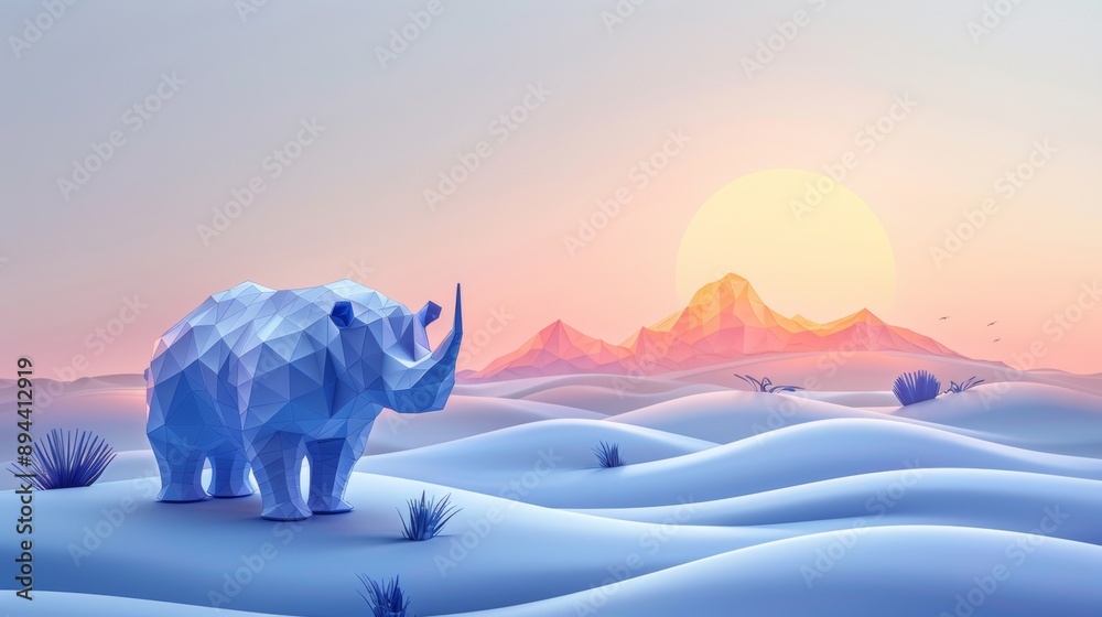 Wall mural a rhino is standing in the middle of a desert with mountains behind it, ai