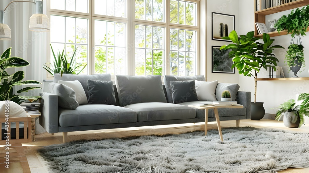 Wall mural Living room with gray sofa surrounded by wood image