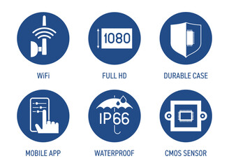 Security CCTV camera general features icons set in flat style and circle shapes