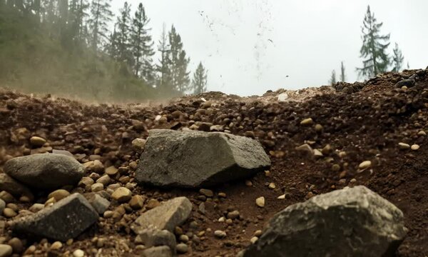 A landslide occurring in a forested area. A large amount of dirt and rocks fallen down the hill