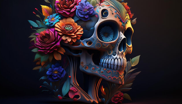 CAVEIRA E FLORES  MODERNA , DECORADA PARA A CELEBRA&Ccedil;&Atilde;O DO FERIADO MEXICANO DO DIA DE LOS MUERTOS