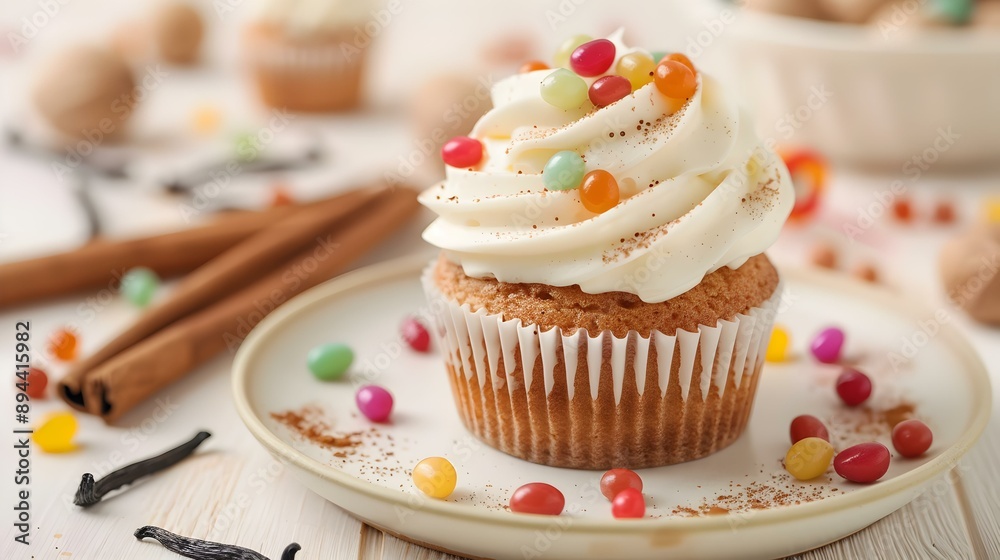 Poster Cupcake with smooth cream icing and colorful jelly picture