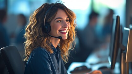Portrait of young Caucasian girl contact center agent using headset and computer in workplace. Happy and confident businesswoman consulting and running a customer sales and service helpdesk
