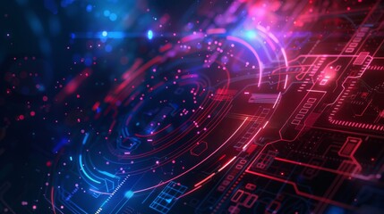Fototapeta premium Abstract digital interface with glowing red and blue cyber elements, depicting a futuristic tech theme.