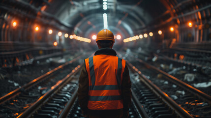 Obraz premium A worker in an orange vest and hard hat stands on the railroad tracks, looking at the camera with his back to us. In front of him is another train track, illuminated by lights from