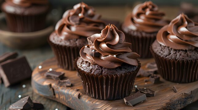Chocolate cupcakes with icing decorated with chocolate pieces img