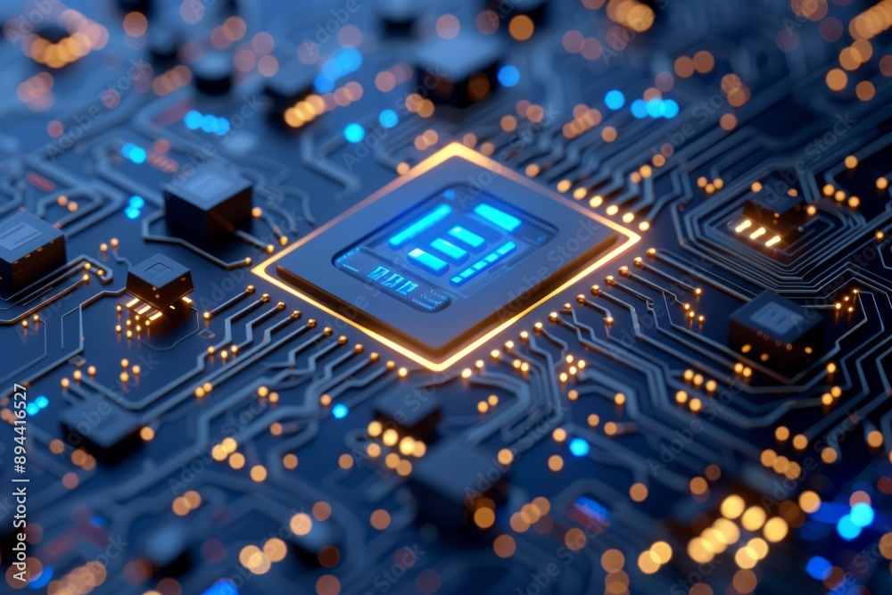 Poster an advanced microchip is placed on a circuit board with illuminated lights symbolizing hightech elec
