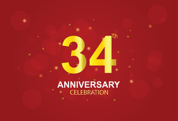 34th Anniversary. Golden number 34 with sparkling confetti and glitters for celebration events, weddings, invitations and greeting cards. Realistic 3d sign. Vector festive illustration