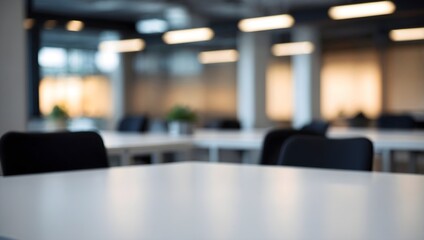 Empty white perfect table in open space office. Abstract light bokeh at office interior background for design