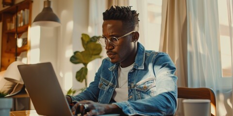 Thinking, data analysis, or Business Black Man with Computer for company growth, social media, SEO target review. Management, startup, or innovation with social media analytics tech