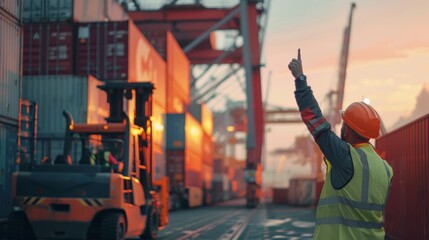 Logistics, shipping, container box with forklift cargo warehouse service, ecommerce, supply chain with data overlay. Export, transit, and commercial storage