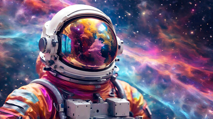 Fototapeta premium Vivid colorful illustrations of astronaut floating in outer space. Cosmos of galaxies