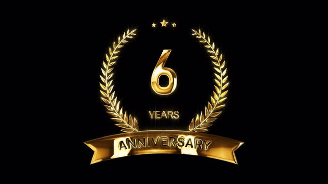 6th Anniversary Celebration. Happy 6 Years Anniversary Animation in Gold Color on the Transparent Background, Alpha Channel. Great for greetings, celebrations, events, and gifts.