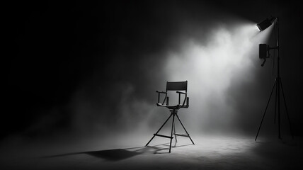 director's place, a lonely chair in the stage smoke on a dark background, the concept of cinema, management, loneliness