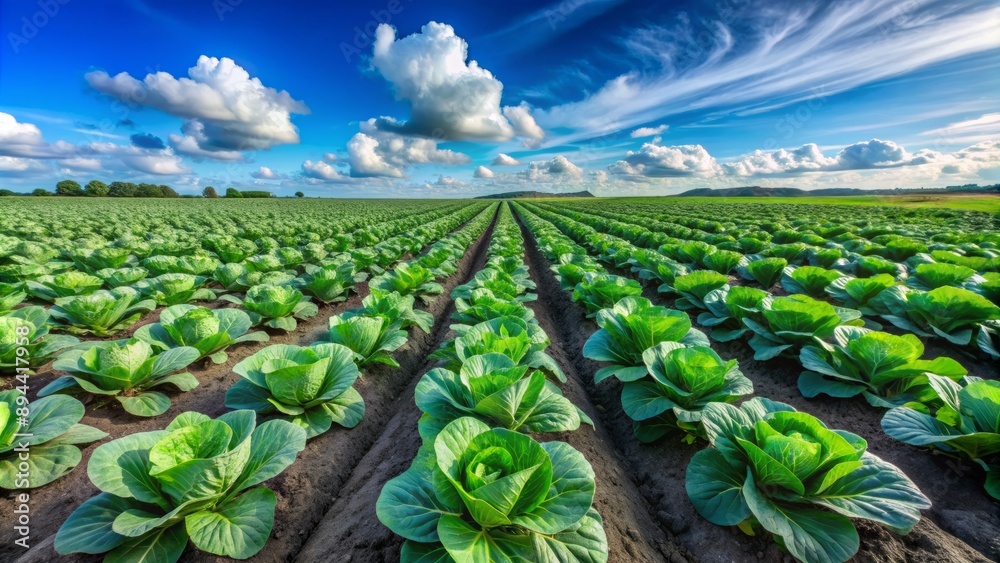 Wall mural Vibrant green young cabbage plants uniformly aligned in neatly manicured rows under a bright blue sky with fluffy white clouds.