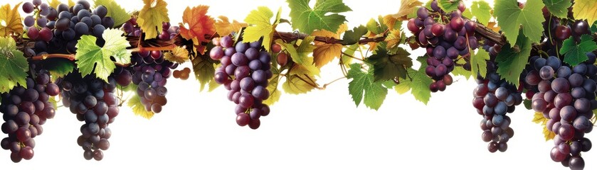Obraz premium Vibrant Bunches of Grapes Hanging from Vines with Green Leaves on a White Background