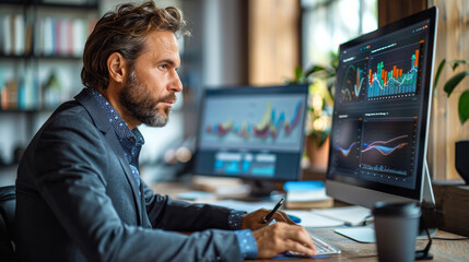 Fototapeta premium Person analyzing data charts on computer screen at office.