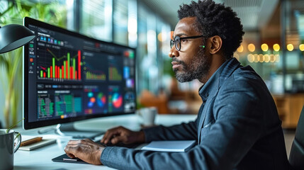 Person reviewing bar charts and graphs on computer screen.