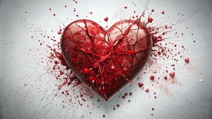 Shattered heart with crimson blood splatters against a pristine white backdrop, conveying poignant sorrow and emotional anguish.