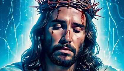 The image showing Jesus christ wearing crown of thorns looking down on with great sadness, tears in his eyes, bright blue light behind him. Jesus wearing crown of thorns, emotional digital painting