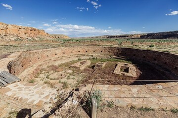 Network of brick ruins in the desert offering a glimpse into ancestral Puebloan life. Chaco Canyon,...