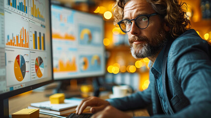 Man in vibrant office analyzing data on computer
