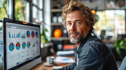 Obraz premium Businessman examining graphs and charts on desktop.