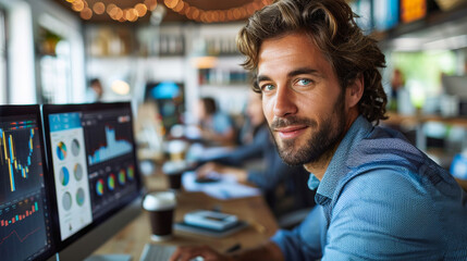 Smiling man in bright office analyzing data on computer