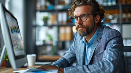 Obraz premium Businessman working on financial data in modern office.