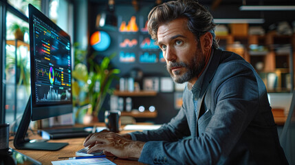 Fototapeta premium Man deeply focused on screen displaying data charts.