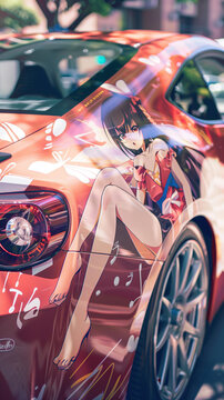 Car rear wrapped with cute anime girl sticker itasha