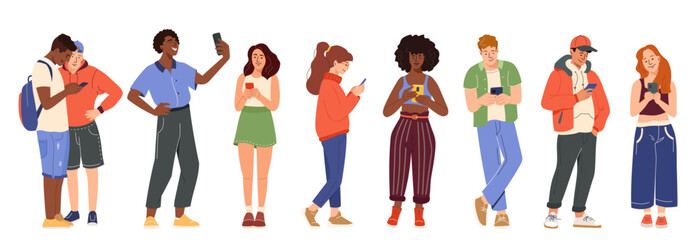 Set of young characters using mobile phone, chatting, scrolling, surfing internet Smartphone social network communication concept Vector illustration youth men and women holding, looking at smartphone
