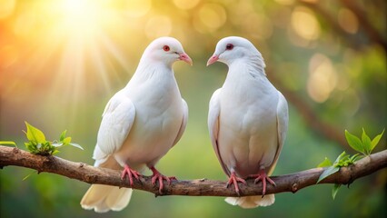 Fototapeta premium Tender moment of two white doves perched on branch, gazing lovingly, their soft feathers and gentle eyes exuding warmth.