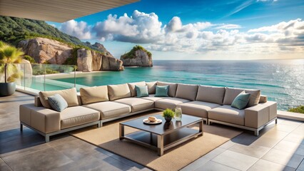 Fototapeta premium Luxurious modern sectional sofa positioned on spacious patio overlooking serene ocean coastline with calm turquoise waters and dramatic rock formations.