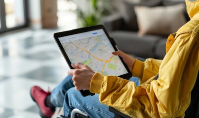 person on electric wheelchair using map app on tablet inside bright home with natural light through large windows