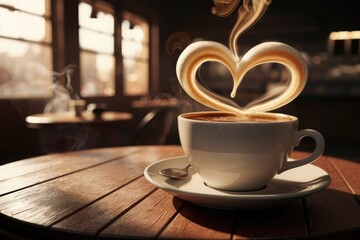 Cup of coffee with steam in the shape of a heart on a wooden coffee shop table