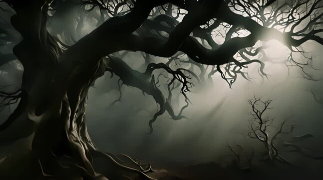 closeup of a big scary tree with a foggy and dark background, generated ai