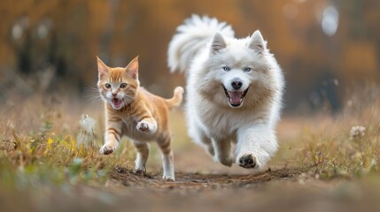 Obraz premium Playful Cat and Dog Running Together in Autumn Forest